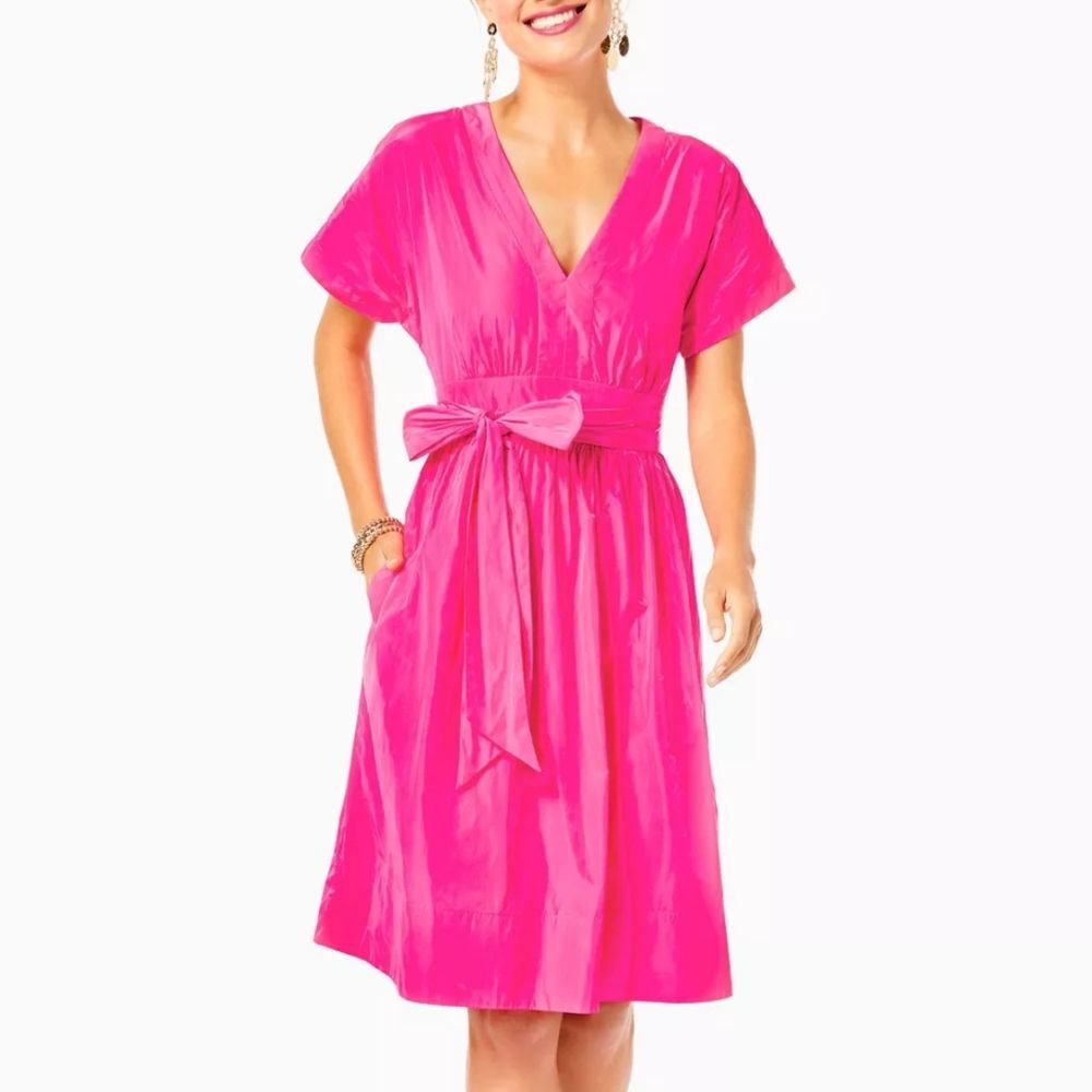 Lilly Pulitzer Hot Pink Grenadine Knee-Length V-Neck Summerlyn Dress Bow 4 NWT
